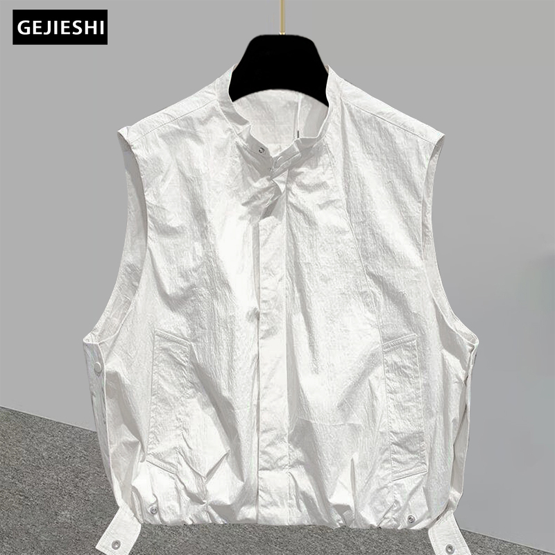 Japanese Workwear Style Stand-Up Collar Cardigan Vest for Men and Women, Loose and Versatile Sleeveless Trendy Jacket for Summer Layering