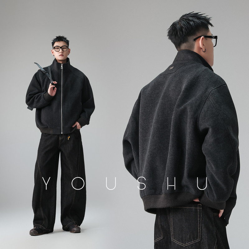 Retro Old Money Style Sheep Wool Blend Solid Color Stand Collar Cardigan Jacket for Men, New Spring American Style Trendy Coat