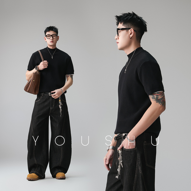 Trendy American-Style Vintage Textured Knit Sweater T-Shirt for Men, 2026 Spring/Summer New Loose Short-Sleeve Fashion