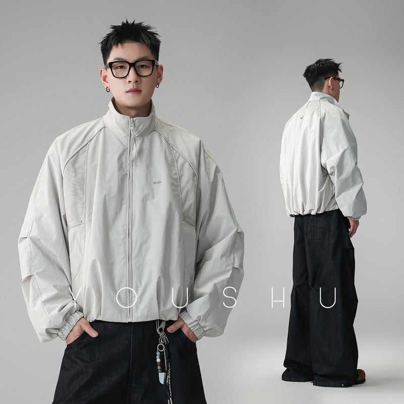 American Functional Style Patchwork Stand Collar Short Batwing Sleeve Jacket for Men 2026 Spring New Loose Casual Trendy Coat
