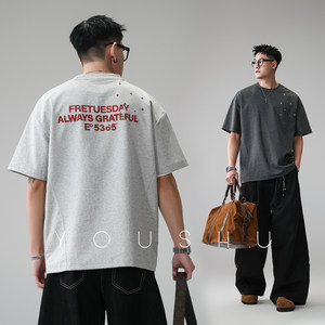 American Retro Letter Print Round Neck Short-Sleeved T-Shirt for Men 2026 Summer New Trendy Brand Loose Casual Drop Shoulder Sleeves