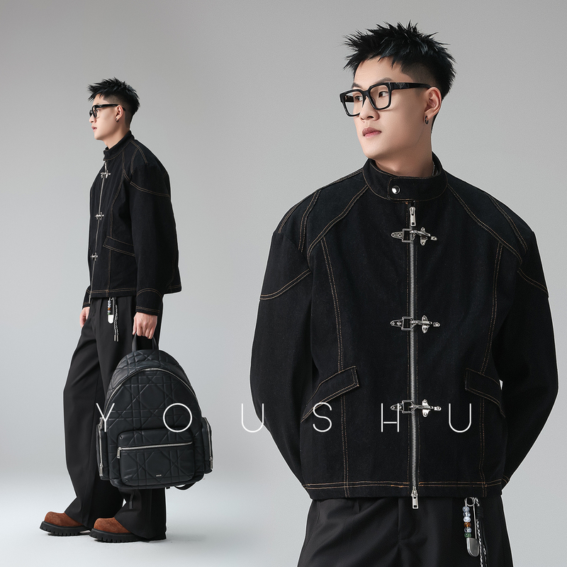 American Retro Stand-Up Collar Versatile Jacket for Men 2026 Spring New Style Metal Buckle Patchwork Silhouette Denim Jacket