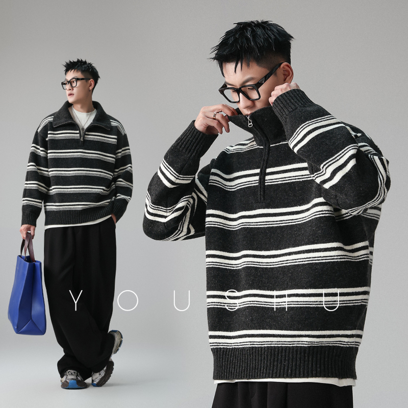 Trendy Lazy Style Striped Lapel Half-Zip Sweater for Men 2026 Autumn and Winter New Loose Light Luxury Pullover Knitwear