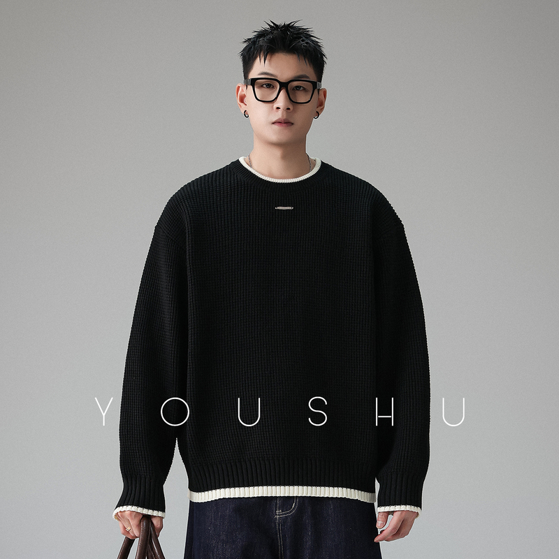 Trendy Two-Piece Color-Blocked Crew Neck Sweater for Men, Autumn and Winter 2026 New Style, Loose Fit, Trendy Brand Knitwear Base Layer