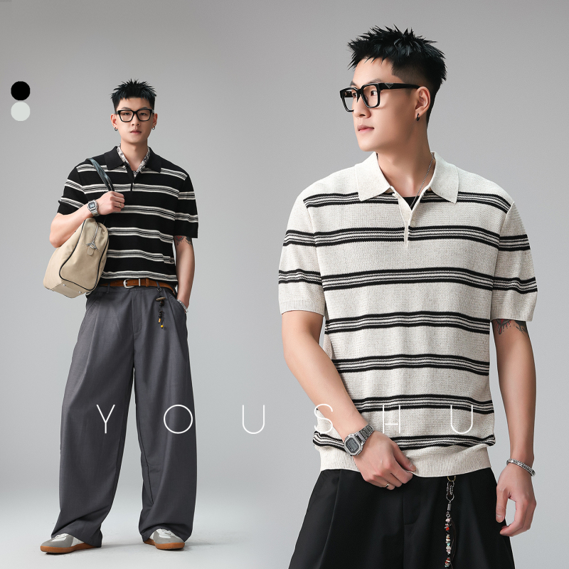 Youshu Laoqian Cool Feeling Lyocell Striped Lapel Knit Sweater Short Sleeve Polo Shirt for Men, Summer Thin Top
