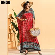 Robe dress skirt Plus size Womens Printed Flared Mid-long Sleeve pleated Bohemian long dress dress