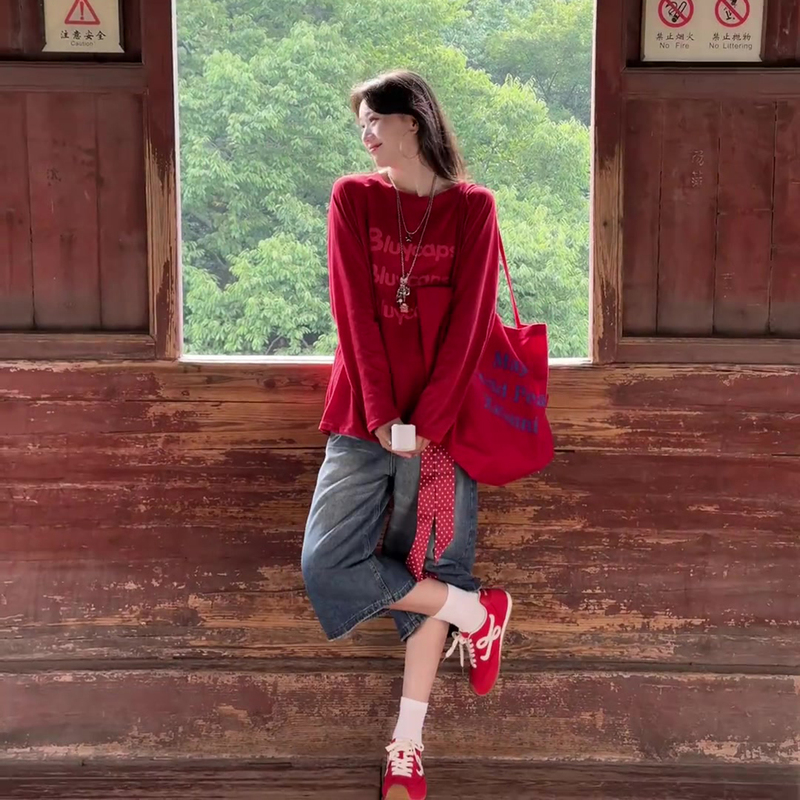 Mzjx Korean-Style Letter Print Red Round-Neck Long-Sleeve T-Shirt for Women, Summer Loose and Comfortable Dopamine Fashion Top Mzjx Korean-Style Letter Print Red Round-Neck Long-Sleeve T-Shirt for Women, Summer Loose and Comfortable Dopamine Fashion Top