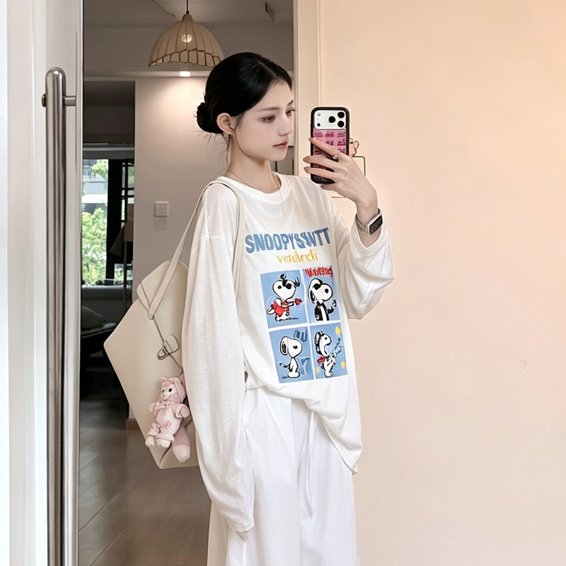 Mzjx Japanese-Style Cute Snoopy Four-Grid Letter Print Long-Sleeve T-Shirt for Women, Summer Design Sun-Protective Cover-Up Mzjx Japanese-Style Cute Snoopy Four-Grid Letter Print Long-Sleeve T-Shirt for Women, Summer Design Sun-Protective Cover-Up