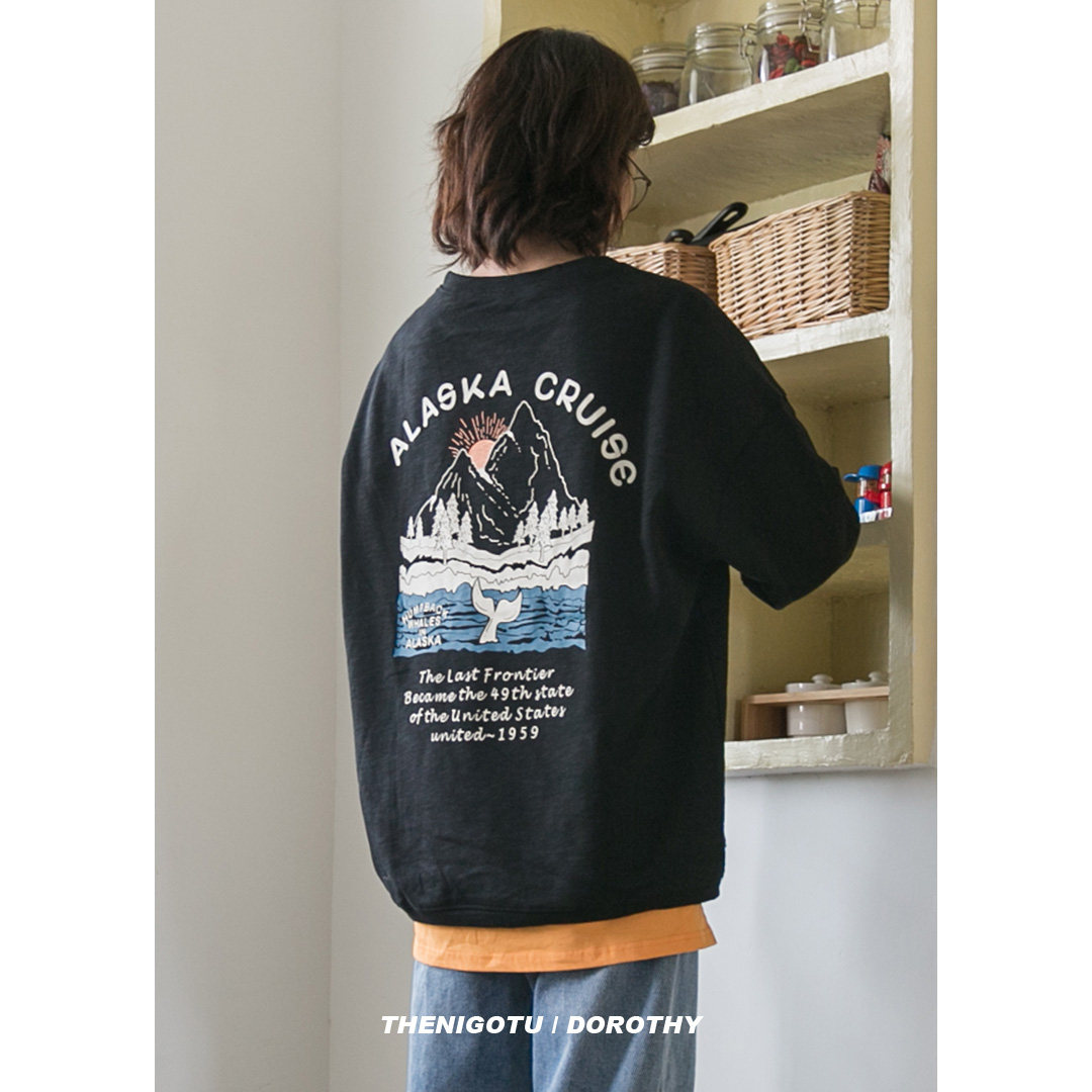 Dorothy -- 2021 new fall loose mountain pattern printed round neck thick cotton T woman long sleeve student blouse