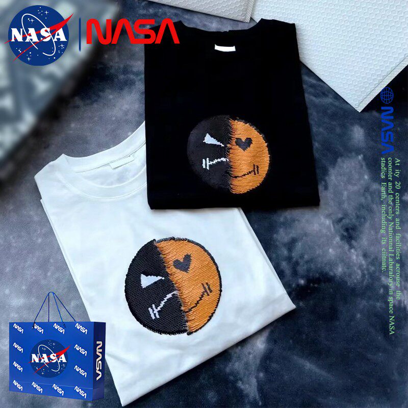 NASAのおもしろくて楽しいスマイリーフェイス半袖Tシャツ、夏のカップルコーデ、男女兼用スパンコール付き色が変わる純綿Tシャツ
