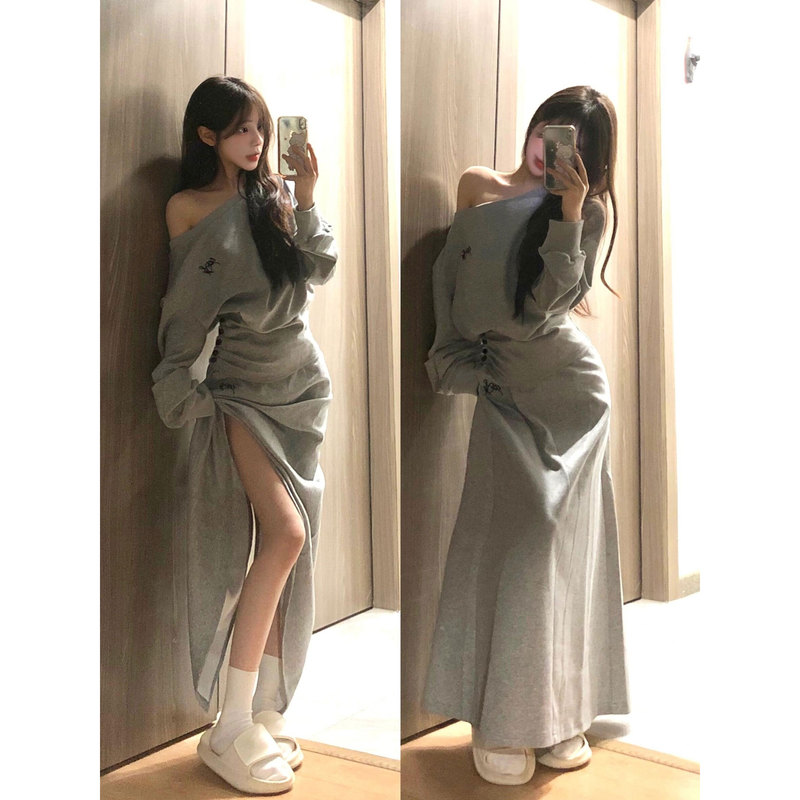 Early Spring High-End Casual Sports Suit for Women, Spring Korean Style Waist-Cinching Off-Shoulder Sweatshirt and Skirt Two-Piece Set That Attracts Attention