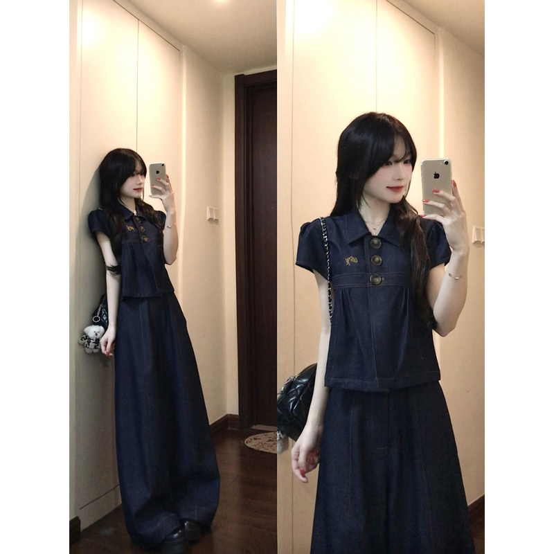 Korean Style Sportswear Suit for Women, Summer Retro Imitation Denim Shirt, Short-Sleeved Wide-Leg Pants, Loose Casual Two-Piece Set
