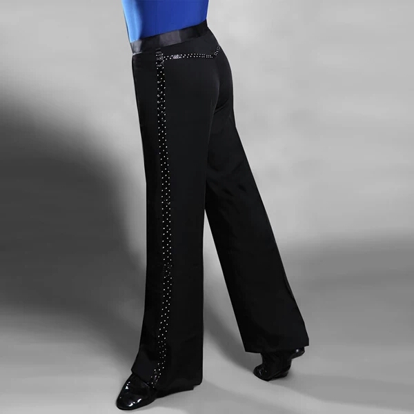 Men's Latin new black competition pants modern national standard social dance square dance practice pants jitba diamond-studded pants