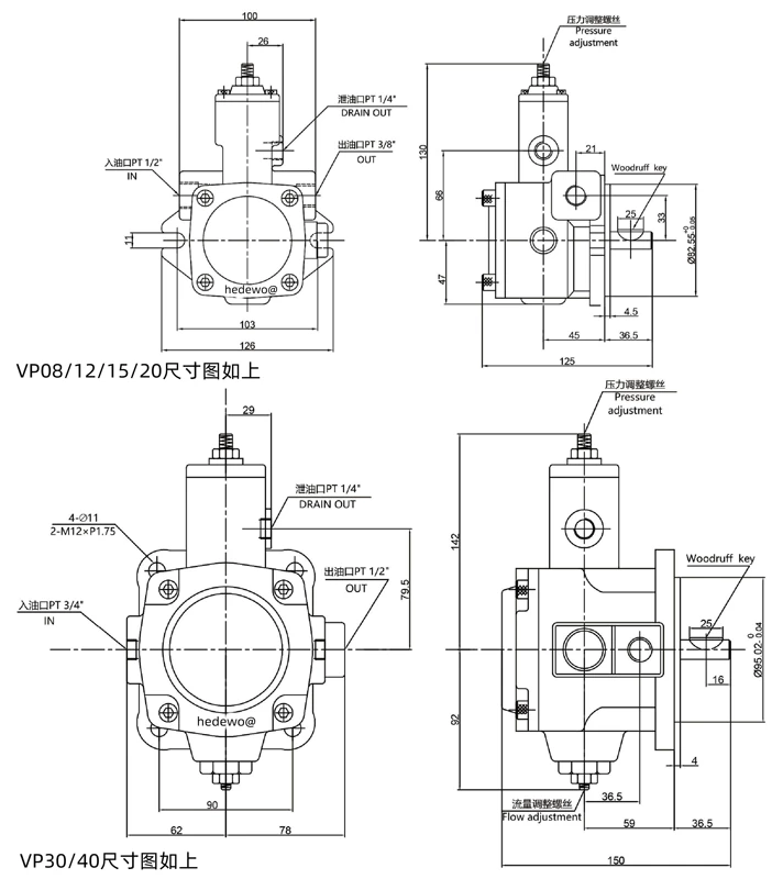 Bơm dầu thủy lực VP-20-FA3/VP-08/12/15 VP-30/40-FA3 bơm cánh gạt biến thiên trục lớn van xả nhanh thủy lực van servo thủy lực