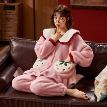 Sleepwear Women Winter Coral Suede Thicken Plus Suede Warm Autumn Winter Cute Long Sleeve Cardiovert Flannel Suede Suit Suit