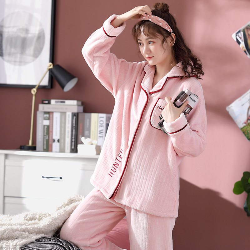 Autumn Winter Thickened Coral Suede Pajamas Woman Winter Plus Suede Warm Flannel Suede Home Suit Long Sleeve Cardiff