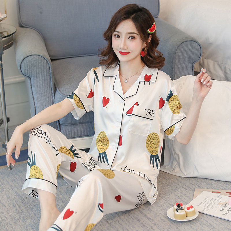 Ice silk pajamas women summer short sleeves spring and autumn sexy loungewear long pants ladies silk loose thin two-piece set