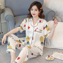 Ice Silk Sleepwear Womens Summer Short Sleeve Spring Autumn Sexy Home Clothing Long Pants Lady Silk Loose and thin Two-piece suit