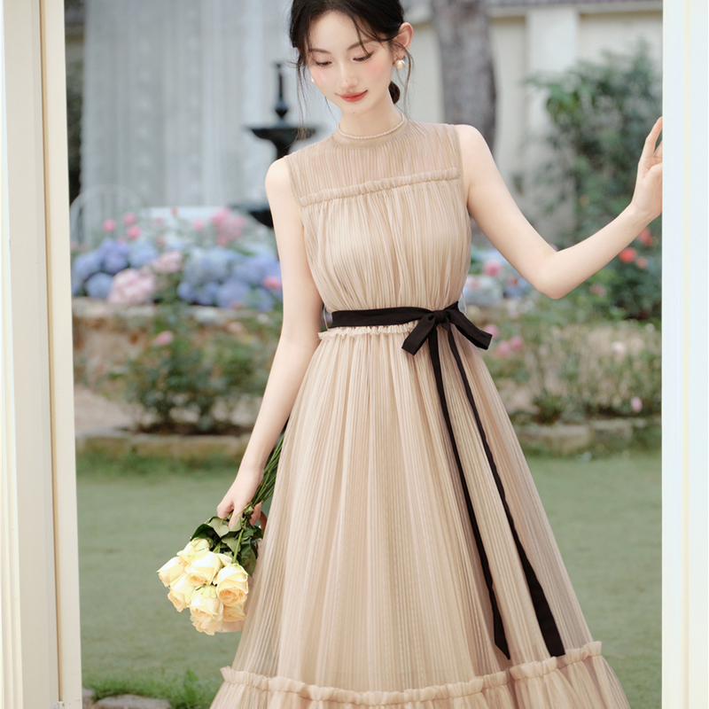 Sheer Tulle Dress for Women, Sleeveless, Pleated, Waist-Cinching, Long Skirt with a Large Hem, French Style Elegance