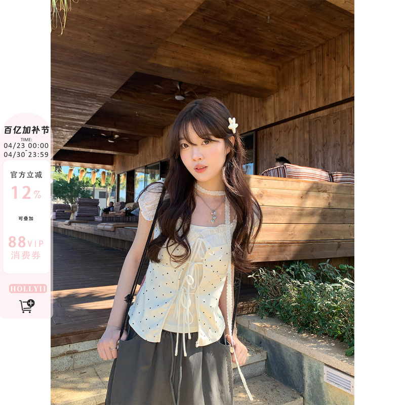 Hollyii Korean Style Gentle Slim-Fit Faux Two-Piece Polka Dot Print Tie-Up Top with Ribbon 2026 Spring New Arrival