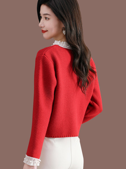 蕾丝边毛衣短外套女春秋外搭2025新款上衣洋气羊毛针织开衫