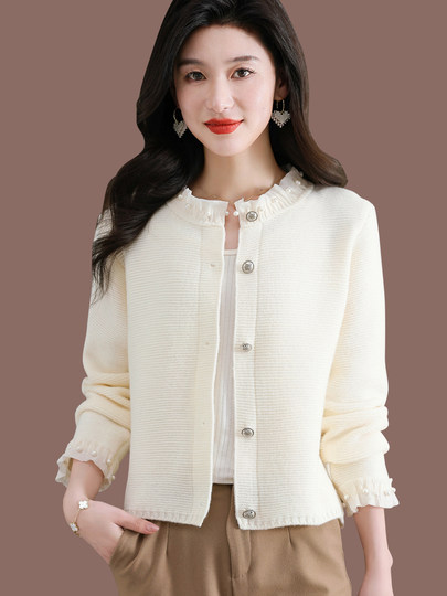 蕾丝边毛衣短外套女春秋外搭2025新款上衣洋气羊毛针织开衫
