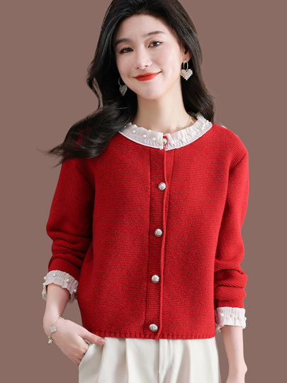 蕾丝边毛衣短外套女春秋外搭2025新款上衣洋气羊毛针织开衫