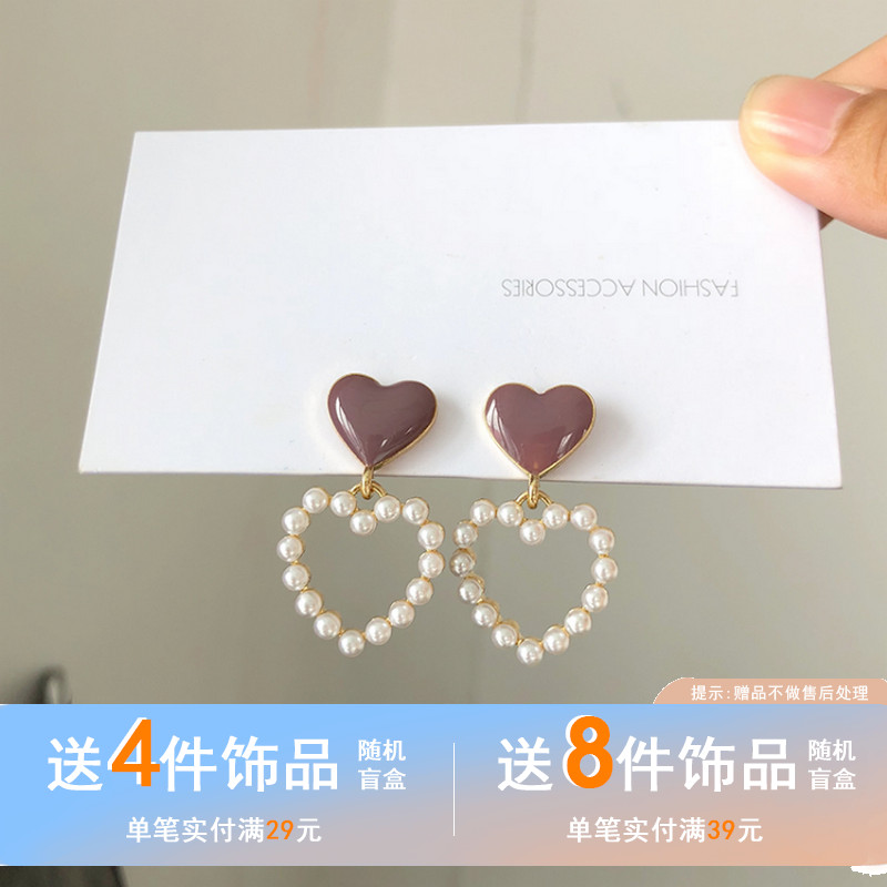 S925 silver needle trendy earrings sweet love earrings simple pearl peach heart ear acupuncture female niche net red street shoot 21