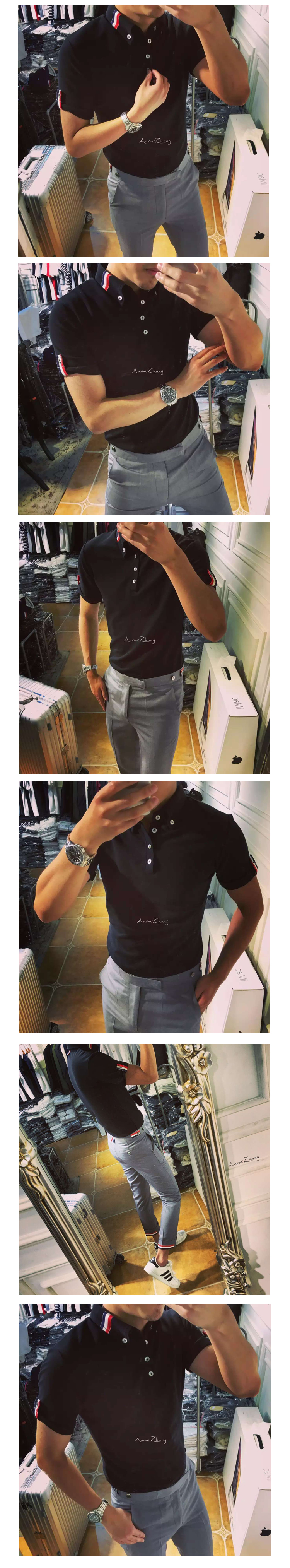 [Trà cũ của Kim Ngưu] Mùa hè mới 18ss làn sóng thời trang nam tb dải màu Slim áo thun ngắn tay Anh áo thun polo
