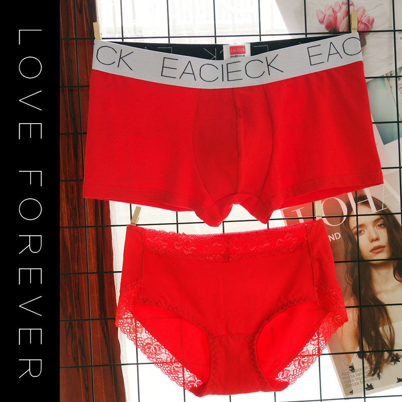 2 Dress Wedding Briefs Couple MEN AND WOMEN RED LINGERIE PANTS LOVERS SUIT PURE COTTON PRESENT YEAR FOUR-CORNER PANTS