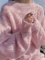 Pink Autumn and Winter 2024 New Pullover Loose Lazy Style Hollow Knitted Sweater Niche Tops and Sweaters for Women