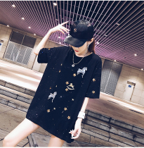 Short-sleeved womens 2021 new summer top European large edition loose net red ins tide in long sequined embroidery t-shirt