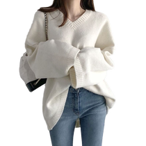 Sweater womens loose outer wear pullover lazy style large size white V-neck 2024 new autumn and winter sweater trendy ins