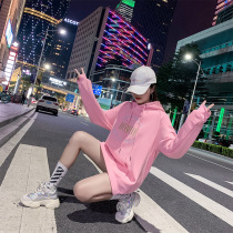 sweater 2021 new female pink Korean version loose hooded ins in the long section of autumn and winter bright pink plus velvet thick pink