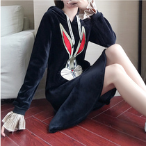 Gold velvet sweatshirt woman hat 2022 new Korean version loose with medium length plus suede thickened 100 plexigo tail sweatshirt dress