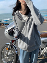 Gray hooded sweatshirt for women 2024 autumn new casual versatile loose sports cardigan age-reducing printed jacket