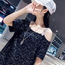 ins2021 new t-shirt loose European goods large edition heavy industry tide one shoulder top womens short-sleeved oblique shoulder summer sexy sweater