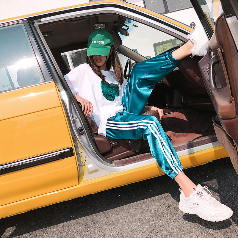 Sports Casual Suit Women Loose Ins Surge Sequins Tshirt Tide Card Fashion Two Sets Big Size Fat Mm Spring Summer Pure Cotton