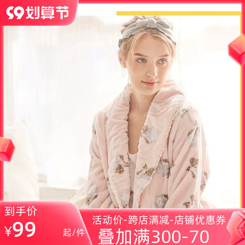 Fenteng 2021 autumn new pajamas ladies lapel coral fleece autumn and winter warm nightgown thickened flannel bathrobe