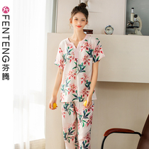 Fenteng summer pajamas women cotton hemp short sleeves trousers thin cute print girls summer linen homewear set