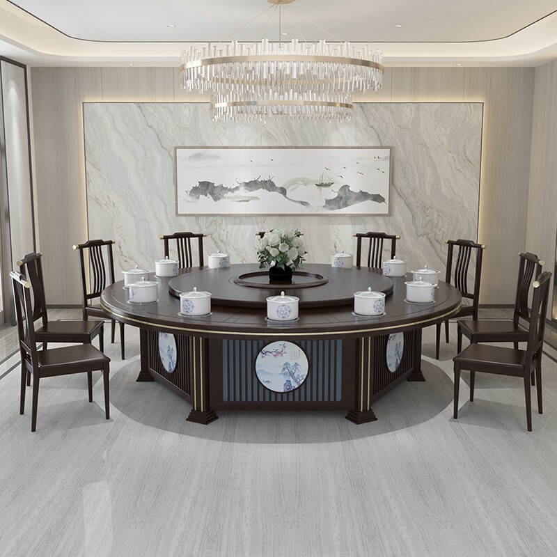 Hot pot table induction cooktop integrated round commercial dining room table 12 people 20 people hotel electric turntable big round table