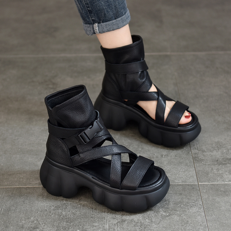 2026 Summer New High-Top Sandals for Women, Genuine Leather Thick-Soled Retro Sandals, First-Layer Cowhide Mid-High Heel Roman Women's Shoes
