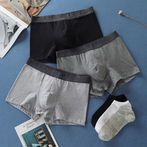  Mens boxer briefs Pure cotton trendy Korean version of teen students breathable four-corner short underpants and socks set
