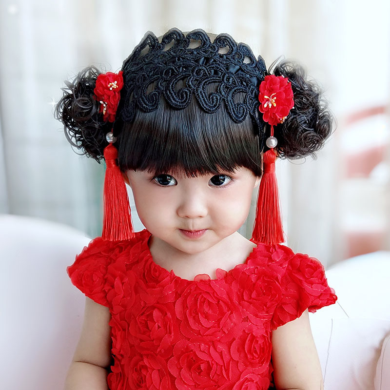 Baby wig hair band 100 days grab one year old Tang outfit head flower baby children's Hanfu hairpin girl costume bangs accessories