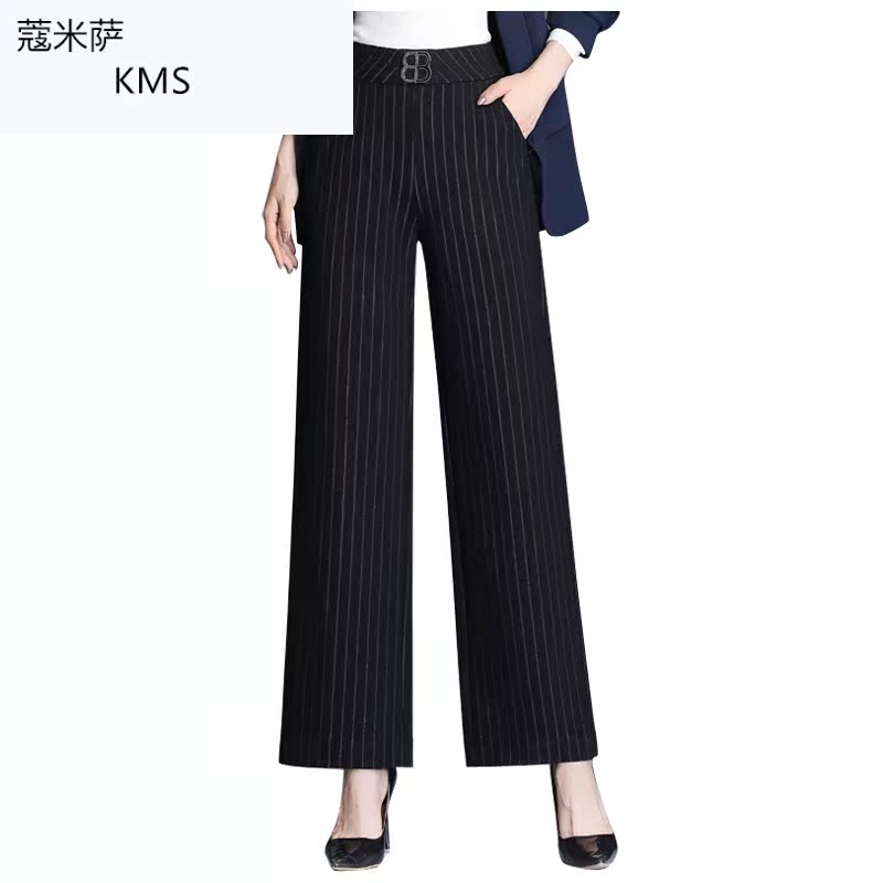 Đen sọc quần rộng chân phụ nữ eo cao cảm thấy mùa thu 2019 / mùa đông mới loose-fitting không khí mỏng quần dài quần thẳng