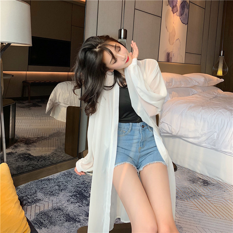 Quần áo chống nắng siêu cổ tích mới dành cho nữ quần lửng dài đến đầu gối cardigan siêu mỏng áo choàng mùa hè khăn choàng voan là áo khoác mỏng - Áo sơ mi chiffon ren