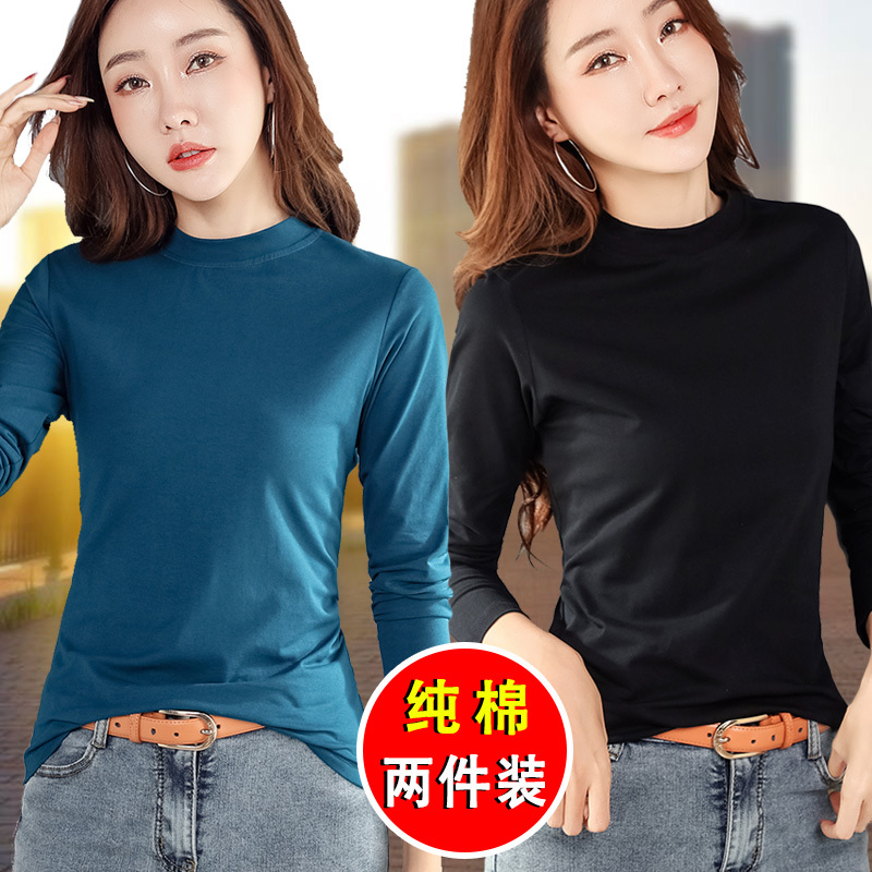 Long-Sleeved T-Shirt for Women, Pure Cotton, Half-High Collar, Spring and Autumn Base Layer, 2026 New Autumn Thin Top for Early Autumn