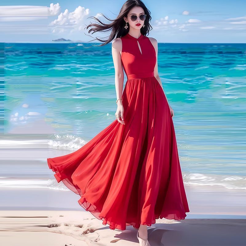 Dopamine Summer New Chiffon Dress, Elegant and Sophisticated, Red Slim-Fit Figure-Flattering Beach Dress, Long Skirt with a Large Hem