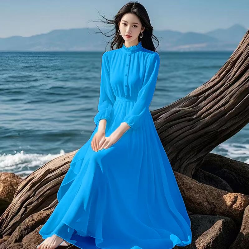 French-Style Gentle Seaside Vacation Waist-Slimming White Long Dress with a High-End Feel, 2025 Spring and Summer Flared Dress