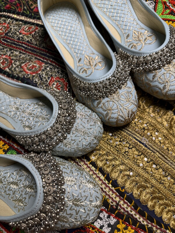 Nepalese Hand-Embroidered Shoes, Indian Jutti Bell Shoes, Non-Leather, Blueish Nepalese Hand-Embroidered Shoes, Indian Jutti Bell Shoes, Non-Leather, Blueish